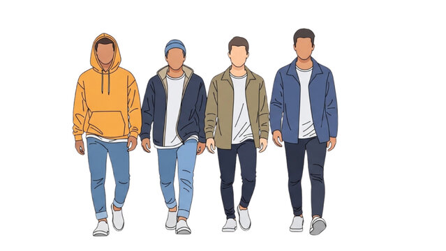 Four young men walking in casual vector CAD fashion illustrations