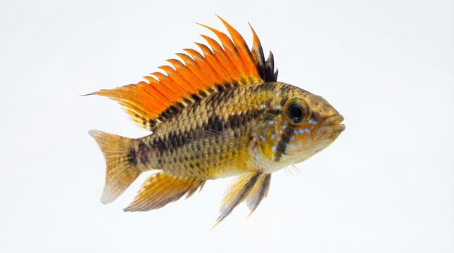 Vibrant apistogramma fish with an orange spiked dorsal fin swimming peacefully against a plain white background studio