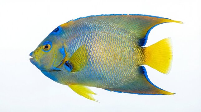Vibrant queen angelfish swims gracefully showing brilliant blue and yellow scales against a plain white studio background