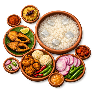 বাংলার ঐতিহ্যবাহী খাবার (পান্তা ভাত সেটআপ)। Traditional Bengali Panta Bhat with Fried Fish, Vegetables, Pickles and Spices on Black Background