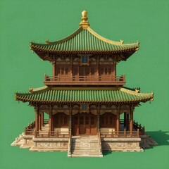 Obraz premium Two-Story Traditional Chinese Temple Building with Green Tiled Roofs and Golden Accents, Isolated on Green Background, Architectural Design for Cultural Heritage or Tourism Projects.