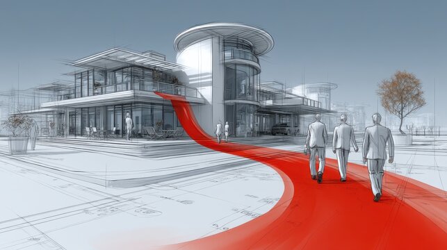 Modern architectural sketch showing a futuristic building with a striking red pathway and businesspeople walking toward the entrance.