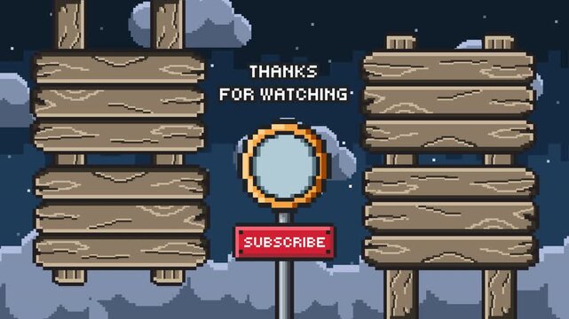 Classic pixel game end credit screen with wooden banner and retro UI elements for outro animation sequence Prores 4K 60fps