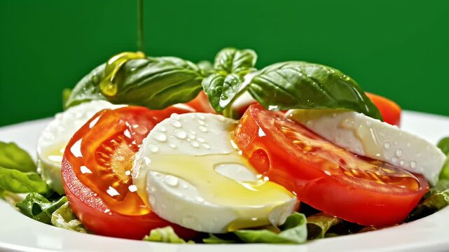 Fresh Caprese Salad with Ripe Tomatoes Mozzarella and Basil Drizzled with Olive Oil Served on a White Plate Vibrant Green Background Cinematic Food Commercial