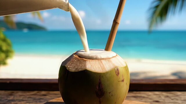 Fresh Thai Coconut Smoothie Blended with Young Coconut Meat Tropical Beach Background with Palm Trees and Ocean Waves