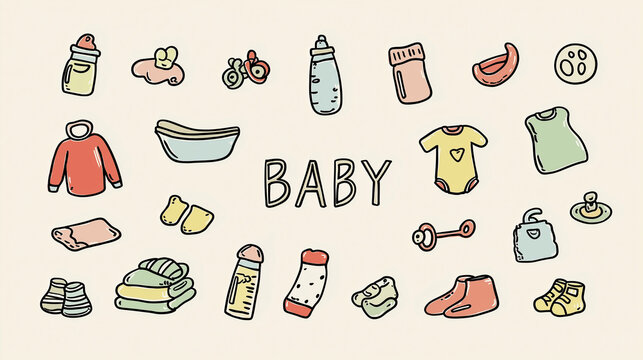 A collection of cute hand drawn baby items arranged around the word baby