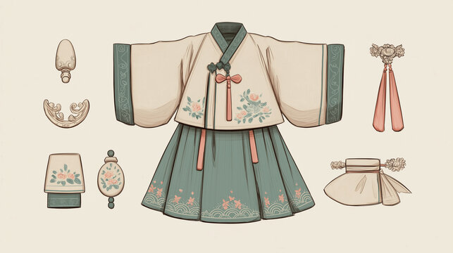 Traditional Korean hanbok dress and accessories featuring floral patterns