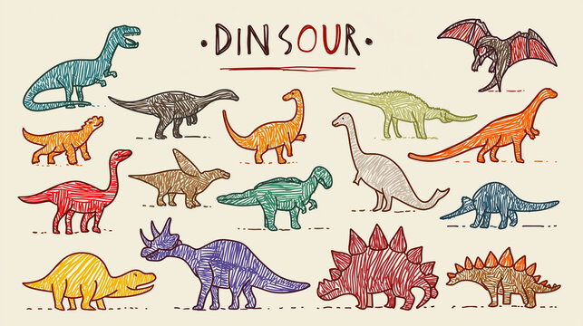 A collection of various dinosaur illustrations in different colors and poses