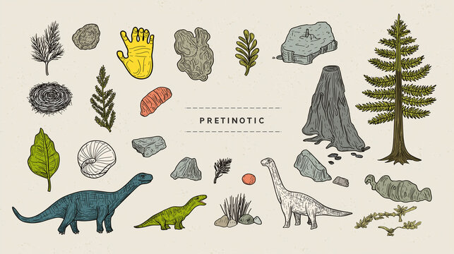 Collection of ancient plants, rocks, fossils, and dinosaurs illustrating prehistoric life
