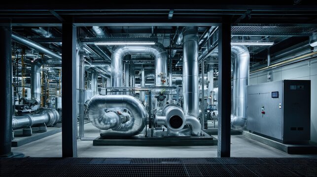 Industrial facility interior featuring a complex network of metal pipes, valves, and machinery creating a sophisticated infrastructure for energy, cooling, and manufacturing processes