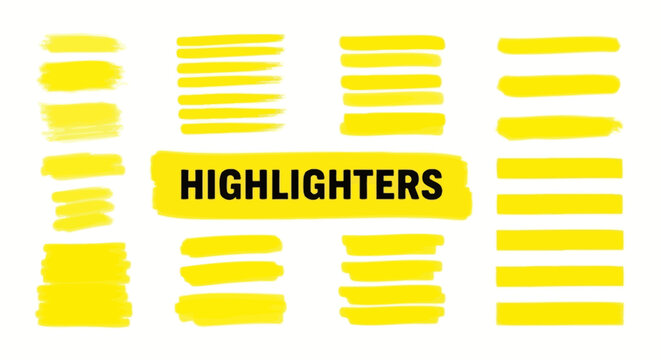 Collection of bright yellow highlighter marker strokes and text on a white background, graphic design elements