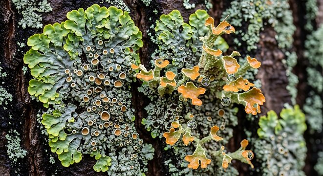 Close-up of Colorful Lichen Growing on Tree Bark in Nature.