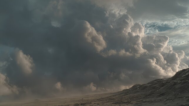Powerful storm clouds mass over rugged terrain, an ominous, dramatic sky signaling changing weather and raw natural power across a vast, moody landscape