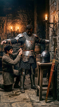 Cinematic shot of a young squire diligently buckling heavy plate armor onto a serious medieval knight inside a dimly lit, candlelit stone armory before battle.