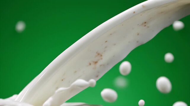 Pouring Creamy White Horchata Drink with Cinnamon Specks Isolated on Vivid Green Chroma Key Background Slow Motion