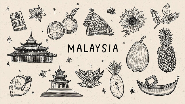A collection of hand drawn icons representing Malaysia including pagodas, fruits like pineapple and coconut, tropical flowers, and a traditional boat.