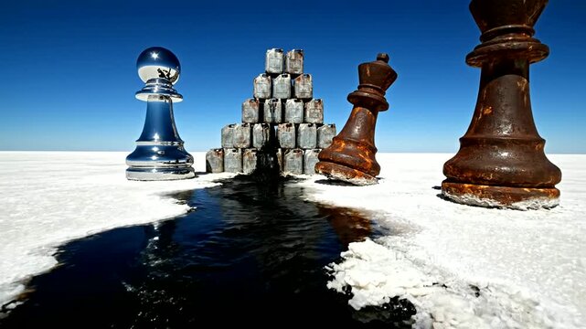 Oil spill threatens chess game on salt flat or Symbolic oil crisis visualized with chess pieces and fuel canisters