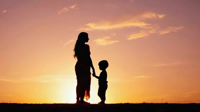 Silhouette of a loving mother and her son holding hands at sunset. Family bonding and childhood memories concept for a panoramic banner or web header with copy space