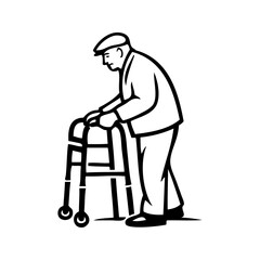 Dibujo minimalista con líneas de un hombre anciano usando un andador de movilidad para los desplazamientos diarios © teracreonte