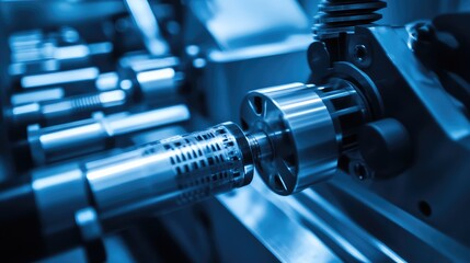 Naklejka premium Industrial cnc machine machining steel components in a bright factory, showcasing precision engineering, automation, robotics and modern metalworking for advanced manufacturing