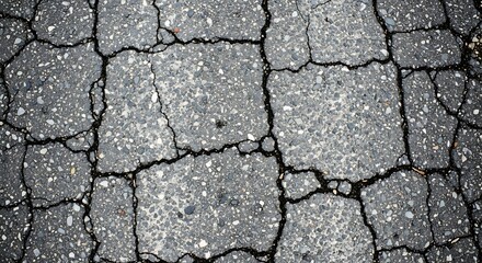 Obraz premium Top view of old cracked asphalt road surface showing deep fissures and weathered texture in a high contrast urban background