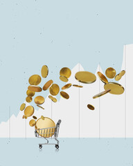 Shopping cart with falling coins, falling money, flying gold coins, golden rain isolated on free png background. Money success concept.