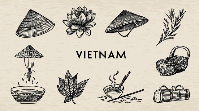 A collection of hand-drawn illustrations representing traditional Vietnamese culture and objects including conical hats, a lotus flower, tea leaves, and a bowl of noodles
