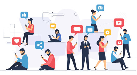 Fototapeta premium Diverse group of people using social media on their devices in colorful flat illustration for business marketing