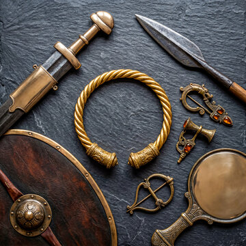 Flat lay of ancient historical artifacts including a sword, wooden shield, spear, and gold Celtic torc on a dark slate background.