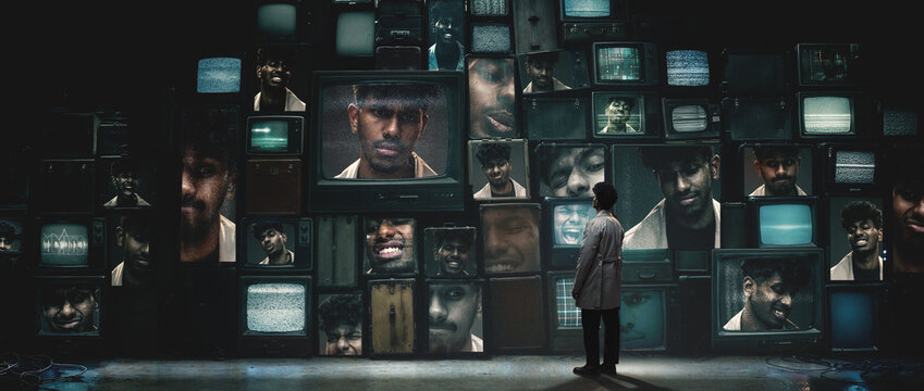 Man standing in front of wall of vintage televisions showing multiple emotional faces. Concept of identity fragmentation, media influence, mental health awareness and digital persona in modern society