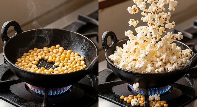 Diptych showing corn kernels popping into fluffy popcorn in a black cast iron pan on a gas stove.