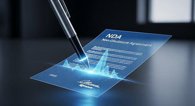 Digital Signature on Non-Disclosure Agreement Document with Futuristic Glow.