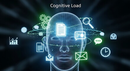 Fototapeta premium Cognitive Load Concept Visualization with Digital Brain and Icons.