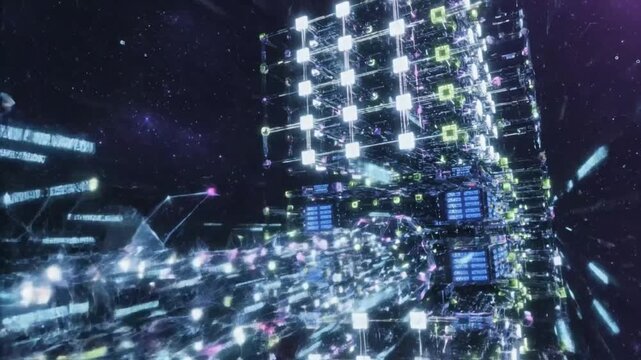 Futuristic Digital Data Stream into Cubical Cyber Network Structure in Space with Glowing Effects
