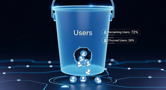 Customer Churn Concept Visualization with Digital Bucket and User Data.