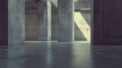 Fototapeta premium Concrete pillars and walls create stark geometric forms and deep shadows as natural light slices the minimalist, brutalist interior, highlighting texture and strong lines