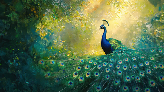 Beautiful peacock displaying its vibrant feathers in a magical forest setting.