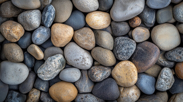 Natural river stones background with various shapes and neutral colors.