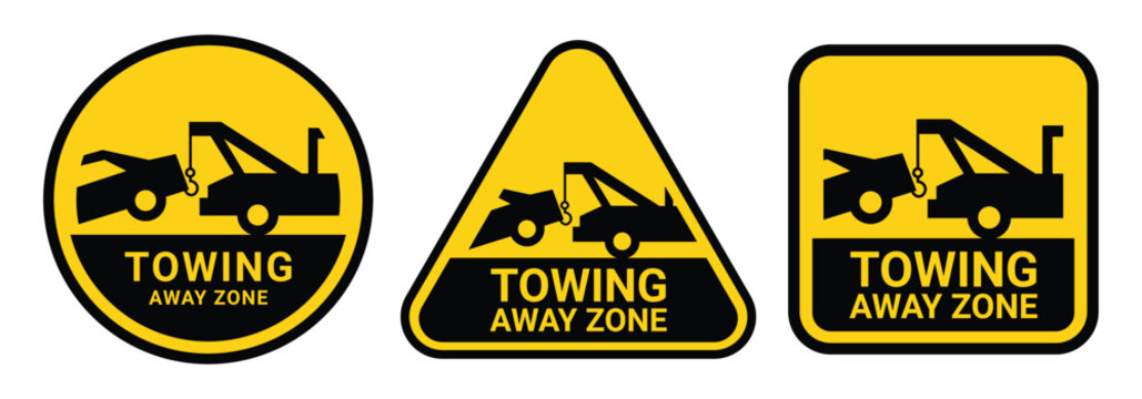Towing sign set. Truck towing car service signage, signboard, sign, icon, logo. No parking, tow away zone, private parking, towing enforced. Vector Illustration
