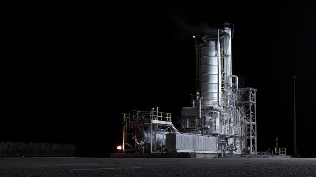 Industrial chemical plant working at night, featuring complex piping, storage tanks, and a tall distillation column emitting steam, symbolizing energy generation and engineering