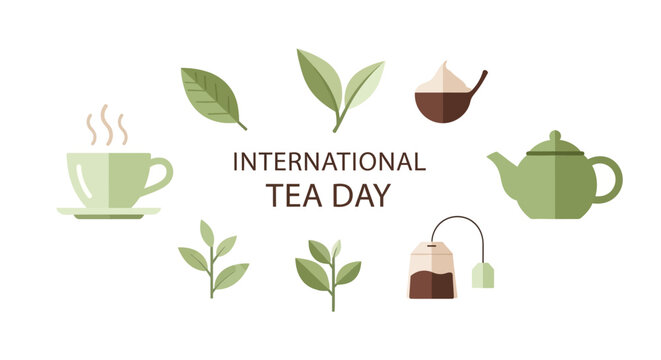 International Tea Day collection of various tea elements including steaming teacup, dark green teapot, fresh tea leaves, and a tea bag on an isolated white background.