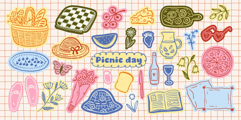 Colorful cut out stickers of picnic food and decor. Doodle drawings of blanket, basket with flowers, pizza, tomatoes and various countryside and cottagecore objects. Whimsical vector ink silhouettes © Olga