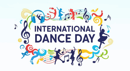 Naklejka premium International Dance Day vibrant illustration with abstract swirls, musical notes, dancers, and headphones, isolated white background.