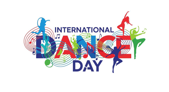International Dance Day festive artwork with energetic colorful dancers and musical swirls, isolated white background.