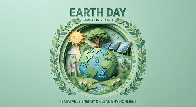 Earth Day Celebration Concept with Renewable Energy, Solar Panels, Wind Turbines, and Healthy Green Planet on Light green Background.