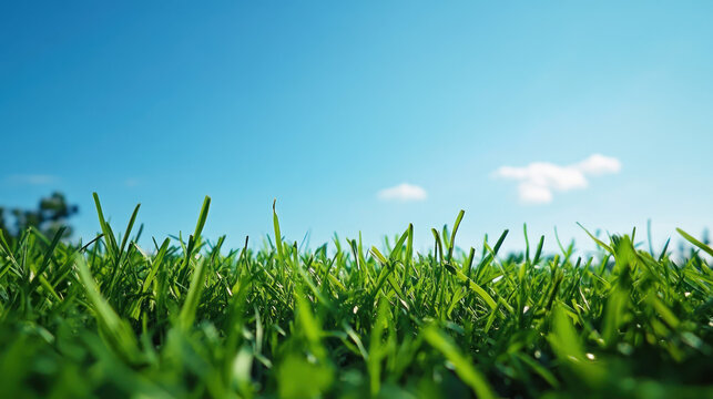 Low angle shot of fresh green grass under a clear blue sky.