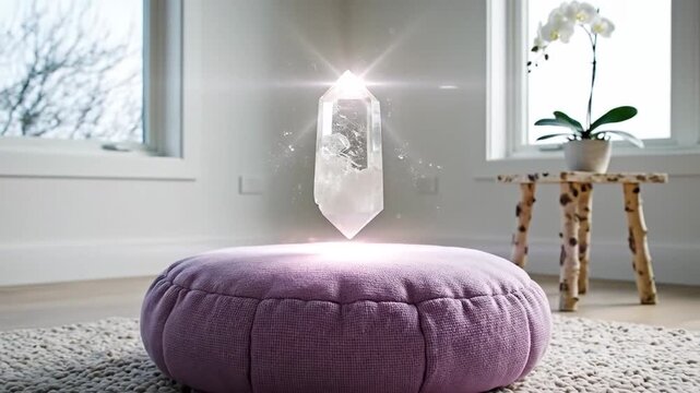 Glowing Crystal Hovering Above Meditation Cushion