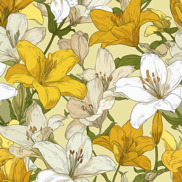 A seamless pattern featuring white and yellow lilies with green leaves on a light yellow background