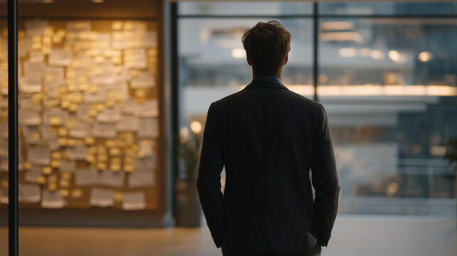 Cybersecurity skills shortage concept shown through job board wall covered in unfilled posting notices, lone recruiter standing before it in empty corridor, rain soaked streets outside glass entranc
