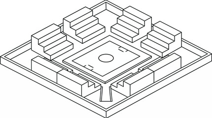 Isometric line-art illustration of an electronic chip package layout with central pad and peripheral blocks. © Santy